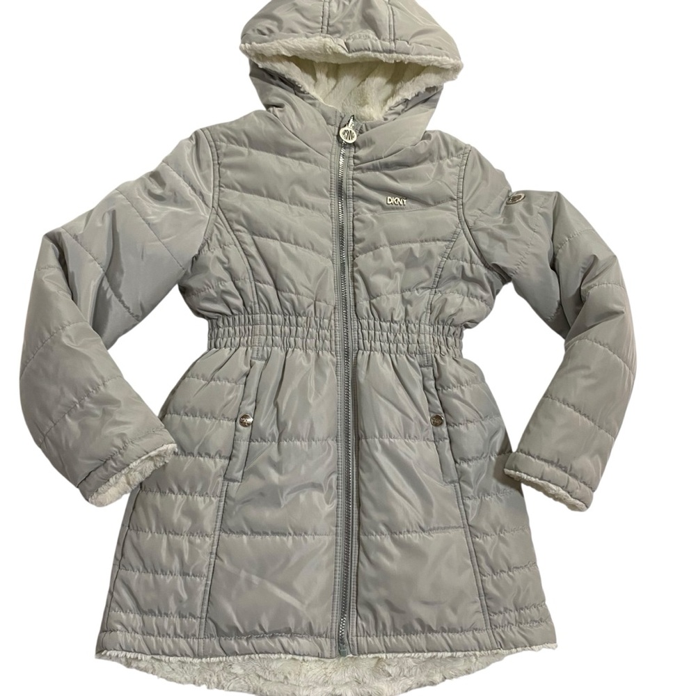 DKNY Jacket Kids Silver Gray Hooded Puffer Coat Full Zipper Front Size Large 14